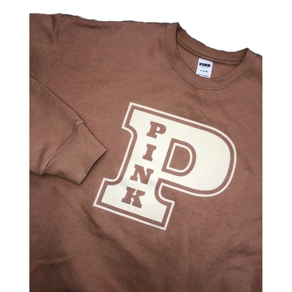 Victoria's Secret PINK Campus Oversized Crew Logo M Fleece Caramel Brown NEW‎ - Picture 1 of 7